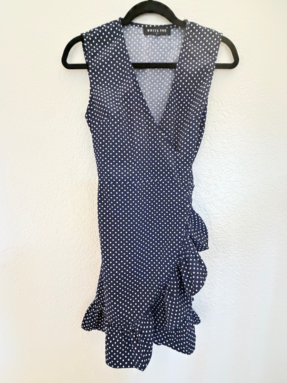 White Fox Navy Polka Dot Wrap Ruffle Mini Dress Size S